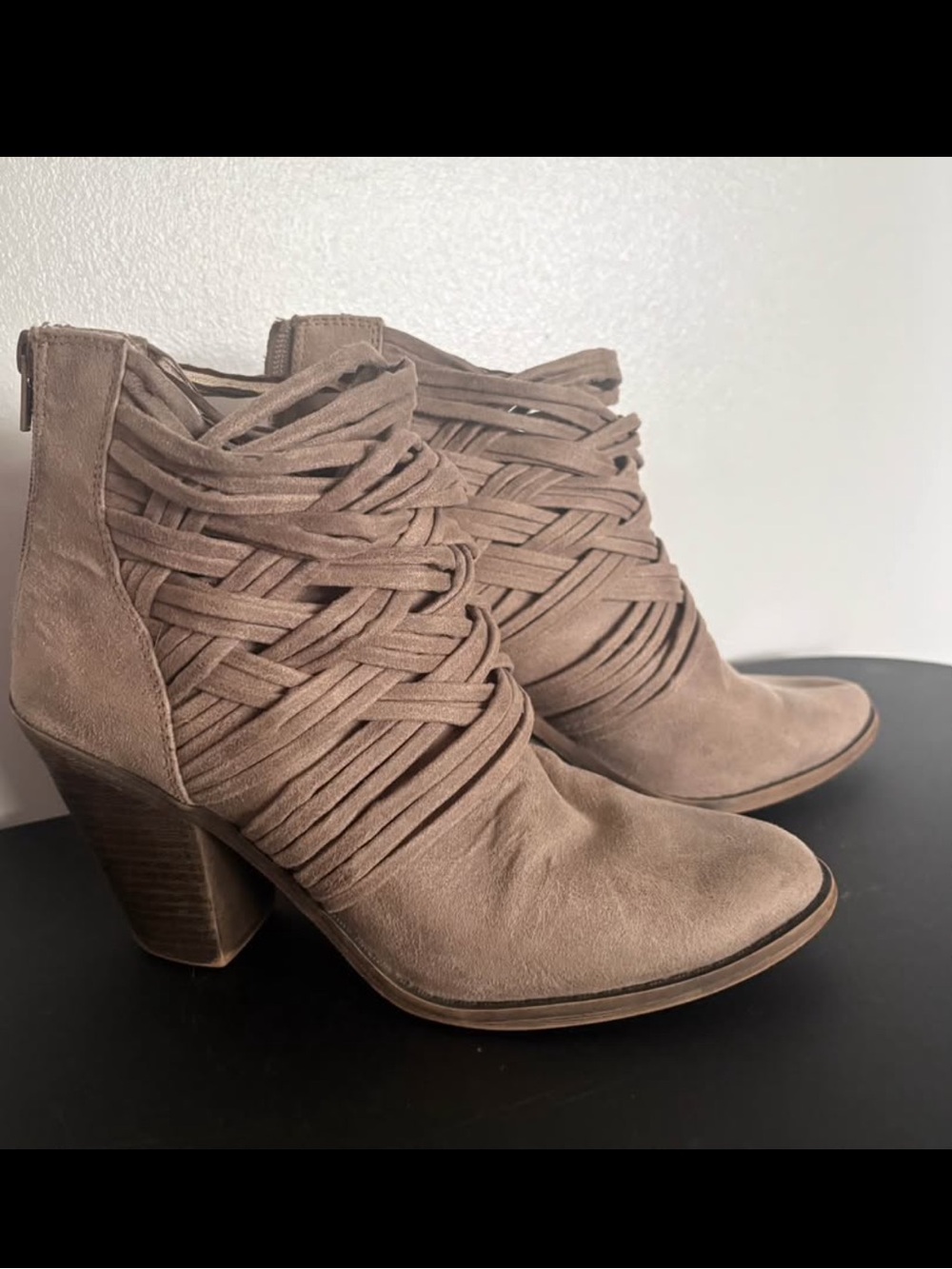 Fergalicious Taupe Suede Woven Strap Ankle Booties
